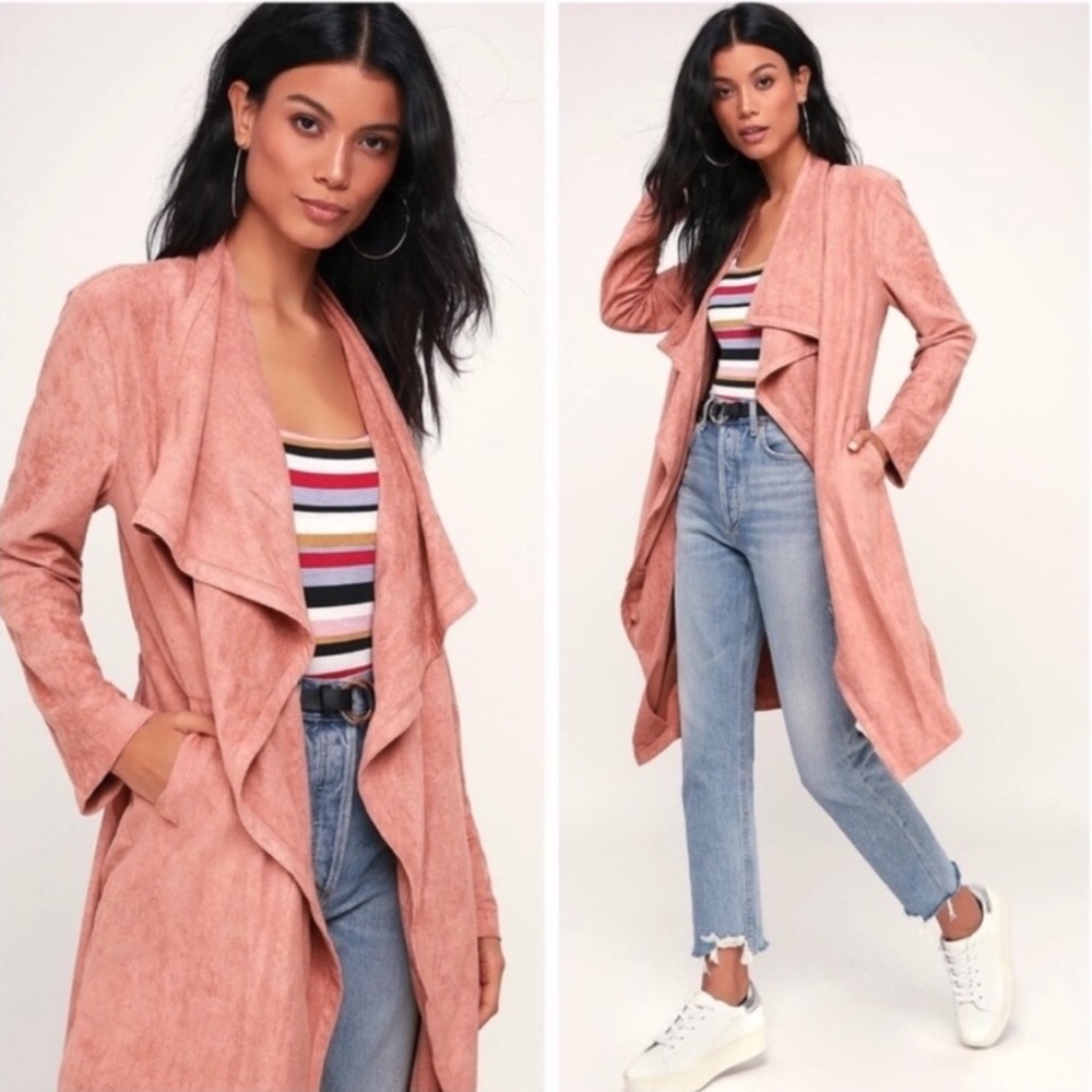 Lulu's Dusty Rose Suede Drape Trench Coat